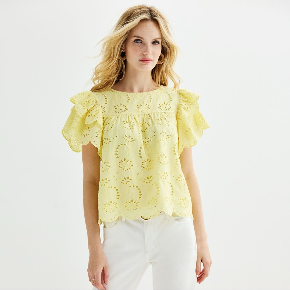 Catherine Malandrino Double Layer Ruffle Sleeve Lace Blouse 100% Cotton, SZ-XL